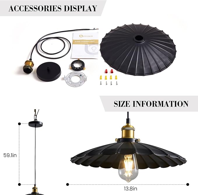 Kitchen Pendant Lights, Black Hanging Lamp for Hallway 13.8 Inch Metal Lampshade Farmhouse Pendant Lights Kitchen Island Vintage Pendant Lighting Kitchen Island Sofa