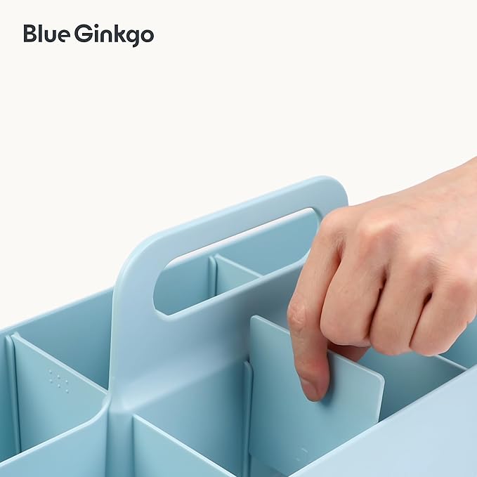 BLUE GINKGO Stackable Organizer Caddy – Korean-Made Portable Tote for Bathroom, Office, Crafts, or School Supplies (Long Rectangle, Blue)