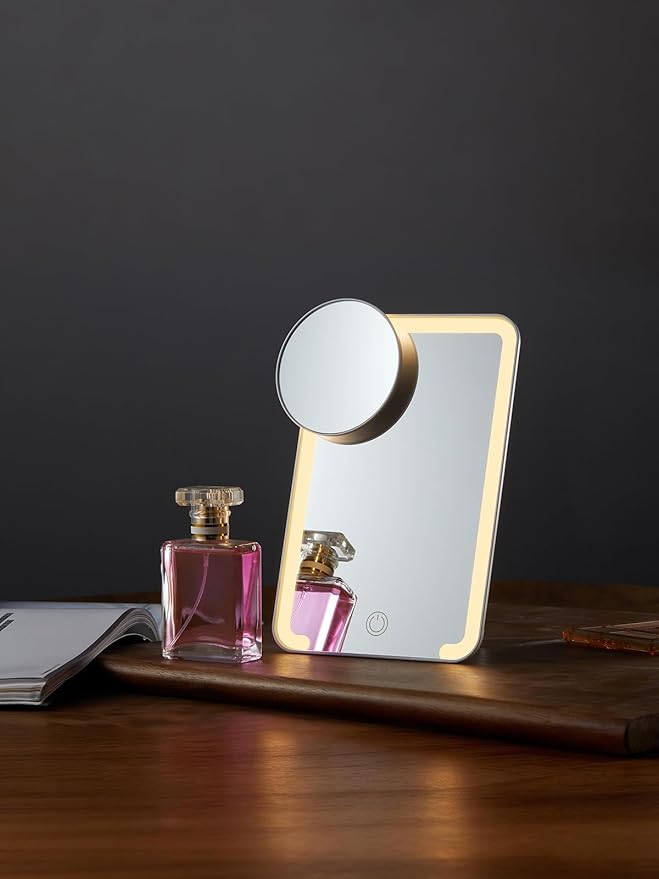 OMIRO Lighted Makeup Mirror with 10X Magnifying Mirror, 8 x 5 inches Desk Mirror with Adjustable Stand and 3 Lighting Modes for Shaving and Travelling, White