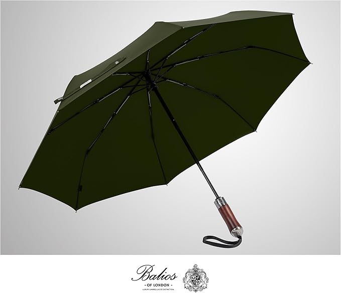 Balios (Designed in UK) Travel Umbrella Luxurious Golden Hardwood Handle Auto Open & Close Windproof Frame Single Canopy Automatic Folding Umbrella Men's & Ladies