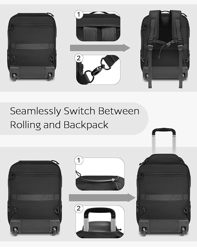 Rolling Tactical Laptop Backpack, Underseat Travel Backpack with Wheels, 16 Inch Wheeled Military Computer Backpack for Men and Women, Roller Overnight Molle Outdoor Hiking College Carry on Luggage