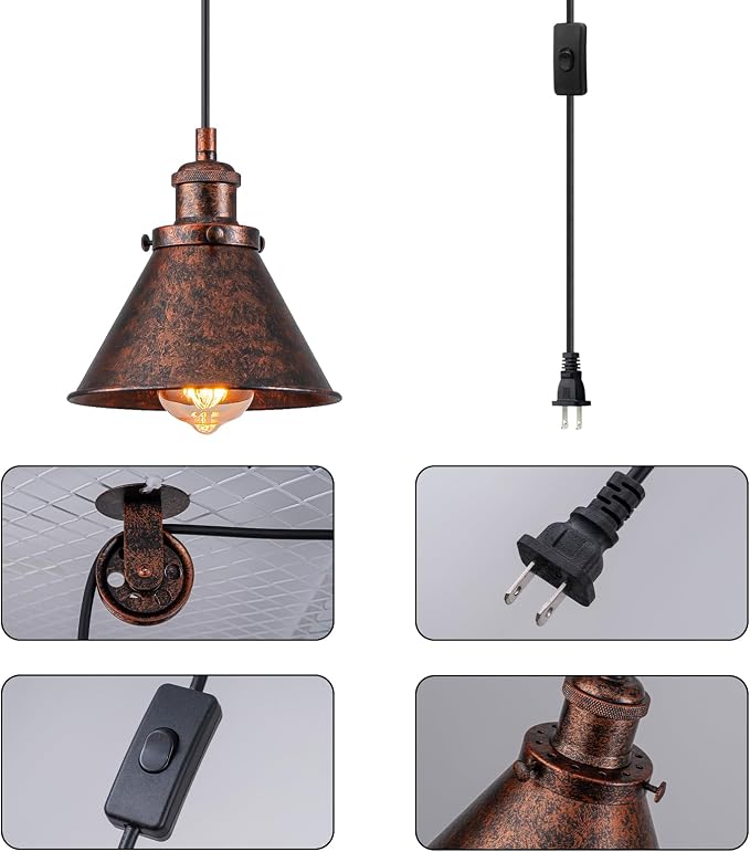 Plug in Pendant Light, On/Off Switch, 7.1 in. Hanging Light Fixture with Rustic Cone Shade, Rusty Pendant Light, 16.4ft Hanging Lights with Plug in Cord for Bedroom, Kitchen, Living Room
