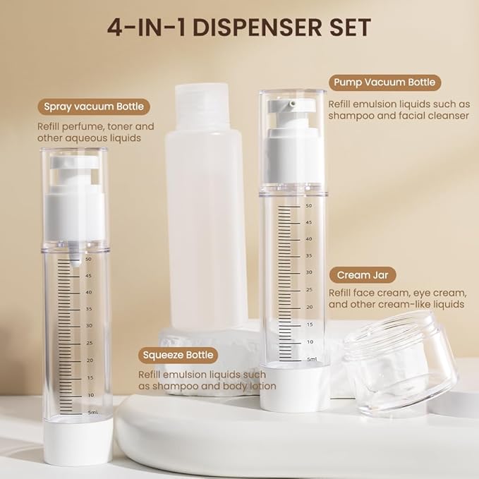 Travel Bottles Kits 7 Pcs , TSA Approved Leak Proof Toiletry Container Set, Graduated Vaccumn atomizer and Lotion Bottle, Squeeze Bottle, Transparent Cream Jar, for Shampoo Lotion Cream Cosmetic