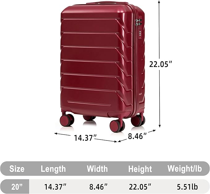 20 Inch ABS Hard Shell Travel Checked Luggage With Combination Lock, Red