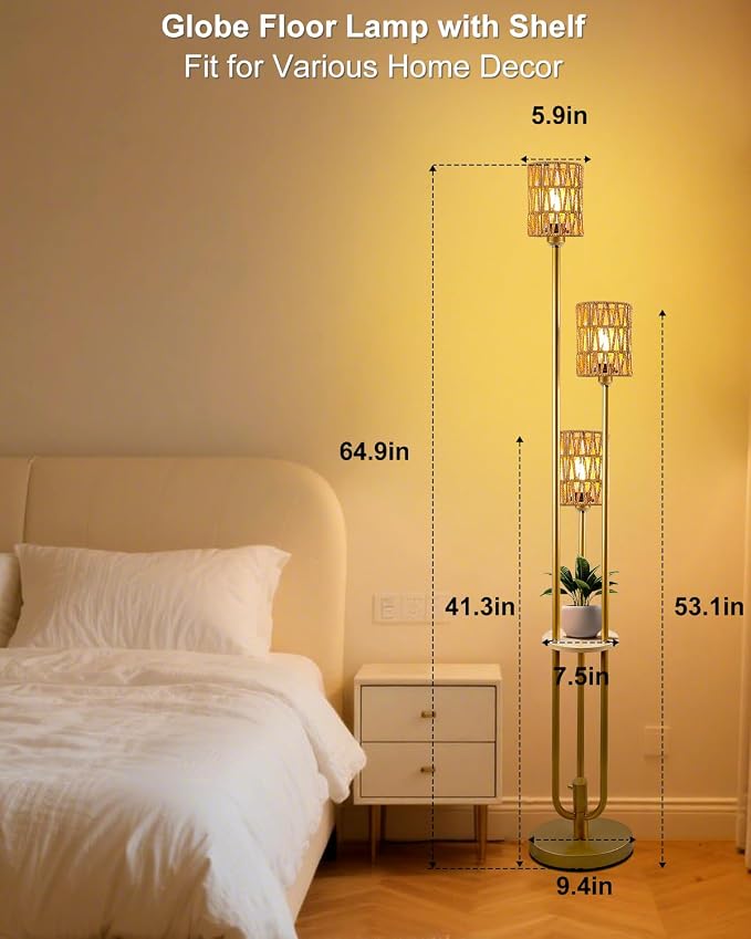 Lightdot Dimmable Boho Floor Lamps with Table 3-Lights Farmhouse Floor Lamp 3000K Warmwhite Bulbs Included Rustic Gold Standing Lamp with 5Lbs Heavy Base for Living Room/Sofa Beside/Corner Decor