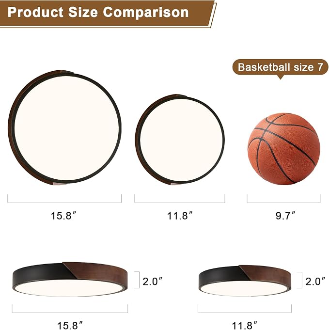 Modern LED Ceiling Light, Dark Walnut Wood Minimalist Flush Mount Ceiling Light Fixture, Dimmable Circle Lighting Lamp with Acrylic Lampshade for Bedroom Hallway Kitchen 15.8"