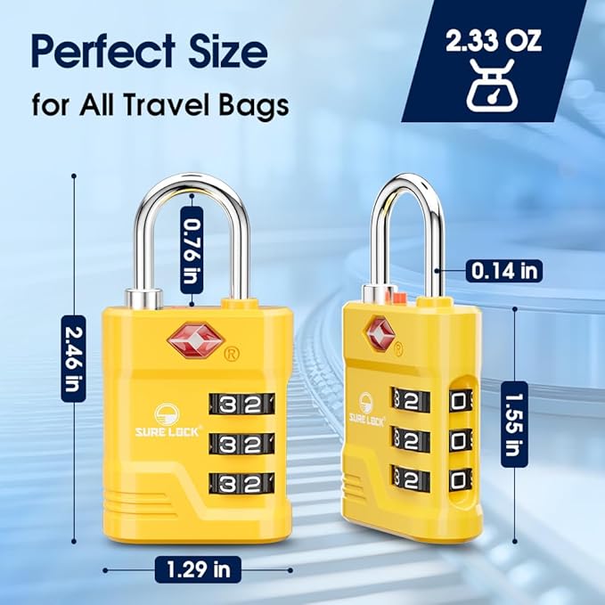 SURE LOCK TSA Approved Luggage Lock – 3-Digit Resettable Combination Padlock with Open Alert Red Dot, Large Easy-Read Dials for Suitcases, Backpacks, Gym & School Lockers(Yellow 2 pk)