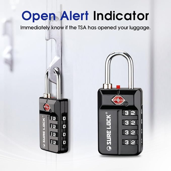 SURE LOCK TSA Approved 4-Digit Resettable Combination Luggage Locks with Open Alert, Easy-Read Dials - for Luggage, School Lockers, Gym, Office, Toolbox & Security Cases (Black 2 Pack)