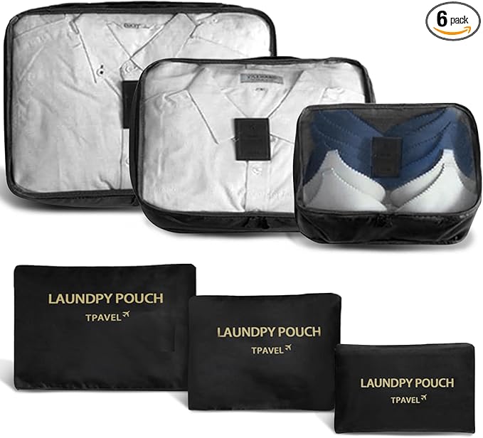 6 Set Packing Cubes for Travel Luggage Packing Bags Reusable Waterproof Suitcase Organizer Bags Set with Shoe Bag and Toiletry Bag (Black)