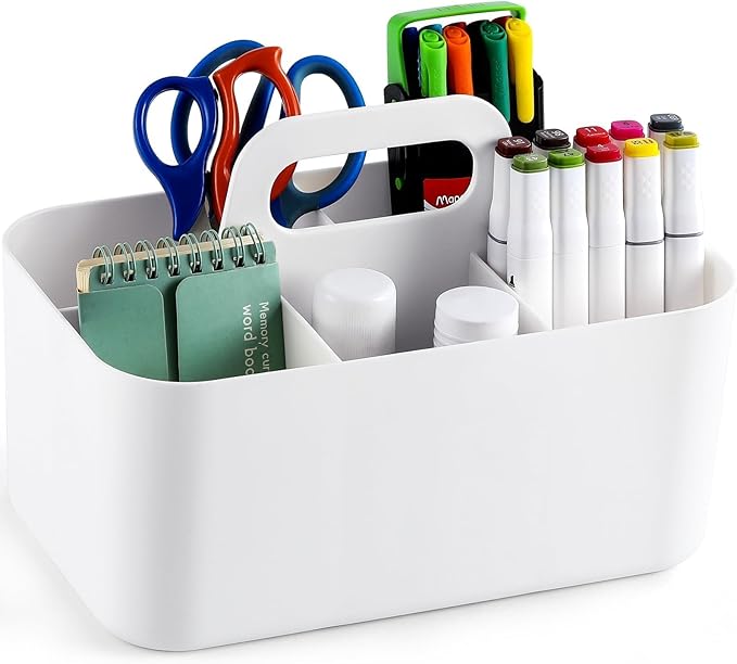 Multiuse Caddy Organizer with Handle, Portable Divided Plastic Tote Bin - Art Craft, Stationary Pen Marker Crayons, Makeup Hair Supplies Storage - Bathroom, Classroom, Dorm, Office, Desk Holder -White