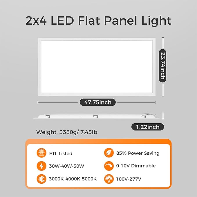 96-Pack 2x4 LED Flat Panel Light, 5000K/4000K/3000K & 50W/40W/30W | 0-10V Dimmable Drop Ceiling Lights, 120-277V Back-lit Fixture for Office, Shop, ETL Listed