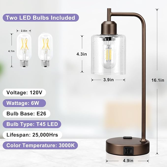 Innqoo Industrial Touch Table Lamps - 3-Way Dimmable Desk Lamps Set of 2 with USB C+A Ports and Outlet, Brown Bedside Lamps with Clear Glass Shade for Living & Bedrooms