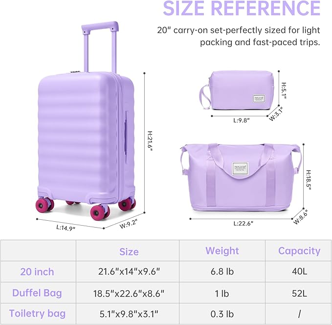 Luggage Sets 3 Piece, Carry On Luggage 22x14x9 Airline Approve PC Hardside Suitcase Set with Wheels TSA Lock, Durable Carry-On Suitcase with Duffel Bag for Women (Lavender)