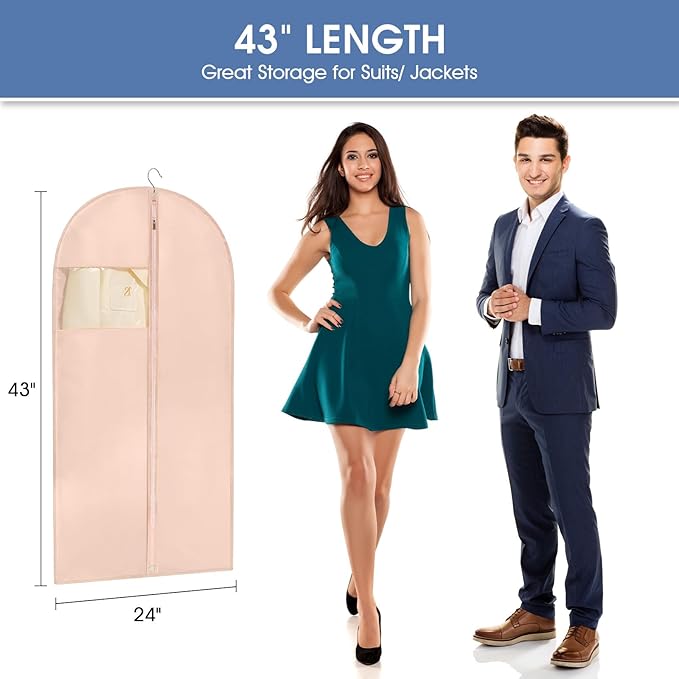 43" Suit Bags for Closet Storage and Travel, Pink Garment Bags for Hanging Clothes, Womenâs Suit Cover Bags with Clear Window for Coats, Jackets, Shirts(2 Pack)