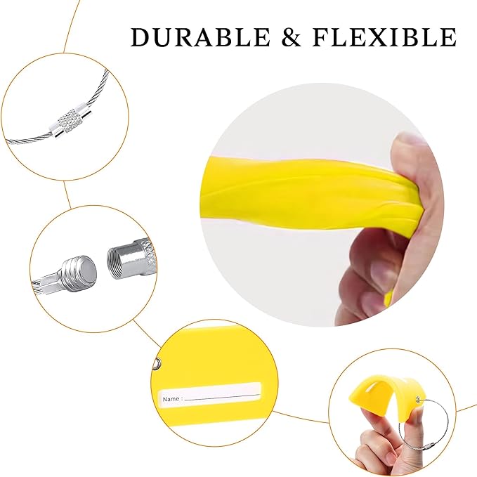 10 Pack Silicone Luggage Tag for Suitcases with Stainless Loop, TSA Approved, Privacy Protection Travel Essentials Bag Tags by Gostwo, Yellow