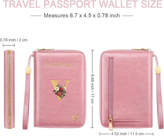 Passport Holder for Travel Personalized Passport Holder Initial Letter Rose Flower RFID Blocking Travel Wallets Credit Cards Holder for Women Men, Pink V