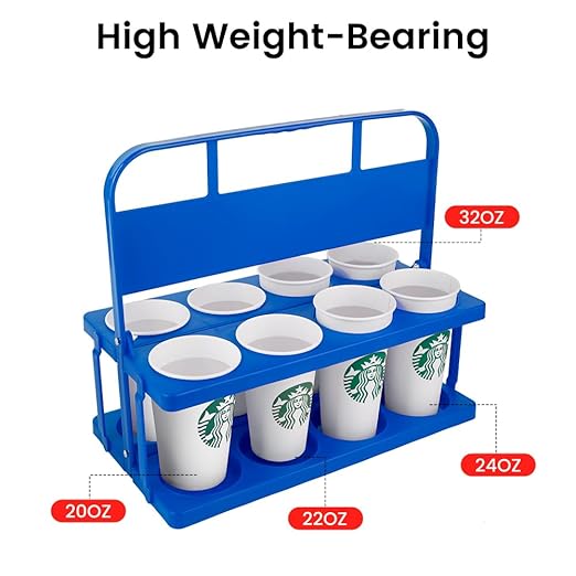Bodaon 8 Cup Drink Carrier with Handle, Plastic Cup Carriers for Drinks, Drink Holder for Car, Take Out Delivery Drivers Accessories, Portable Foldable Reusable Mobile, Use for Food Delivery Bag, Blue