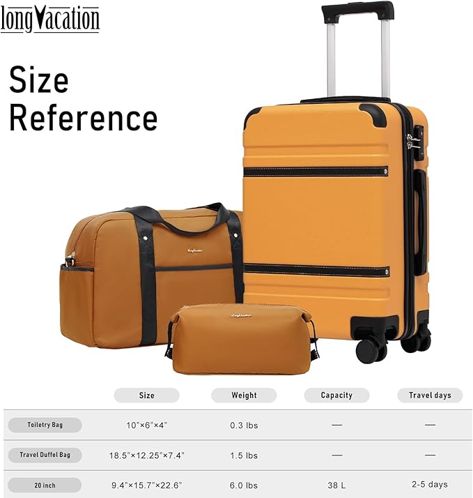 LONG VACATION Carry On Luggage Set 3 Piece, 20 Inch ABS+PC Hardshell Carry on Suitcase with Spinner Wheels TSA Lock & YKK Zipper