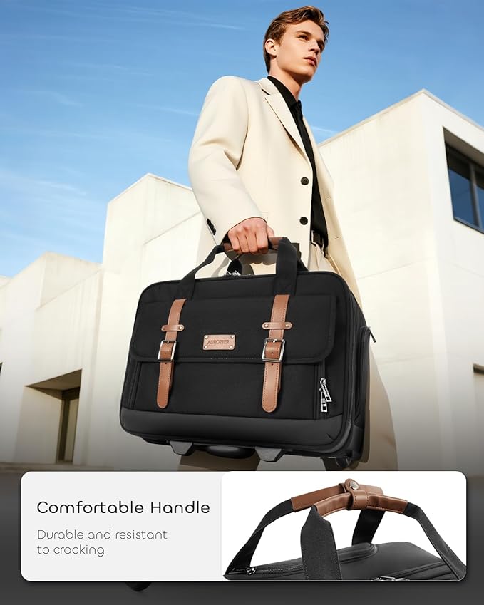 Rolling Laptop Bag, Briefcase for Men and Women, 16 Inch Computer Bag with Wheels Underseat Carry on Luggage, Laptop Briefcase Case for Work, Travel, College Teacher, Mobile Office Bag, Brown