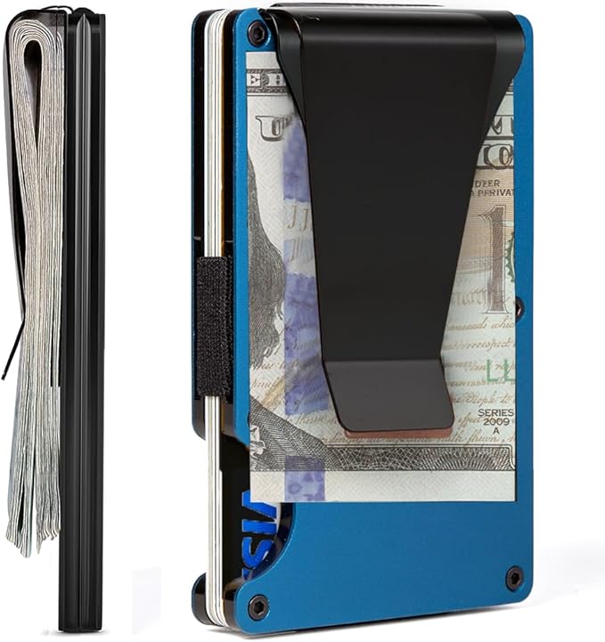 Minimalist Carbon Fiber Wallet for Men, Money Clip Cash Strap Wallet, RFID Blocking Metal Wallet Aluminum Card Holder,Front Pocket Wallet(Matte Blue)