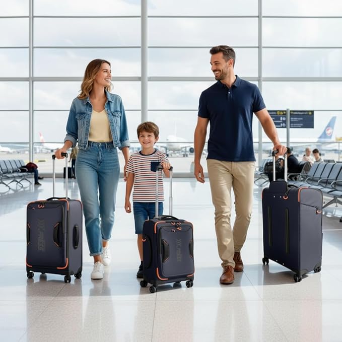 3-Piece Softside Upright Luggage Set with Front Open Pocket, Lightweight and Waterproof Durable Suitcase Sets Double Spinner Wheels(Blue, 22in/26in/30in)