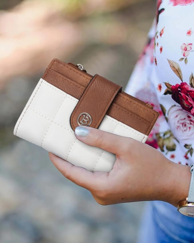 BOSTANTEN Small Wallet for Women Leather RFID Blocking Card Holder Bifold Compact Wallets With Zipper Coin Pocket Beige&Brown