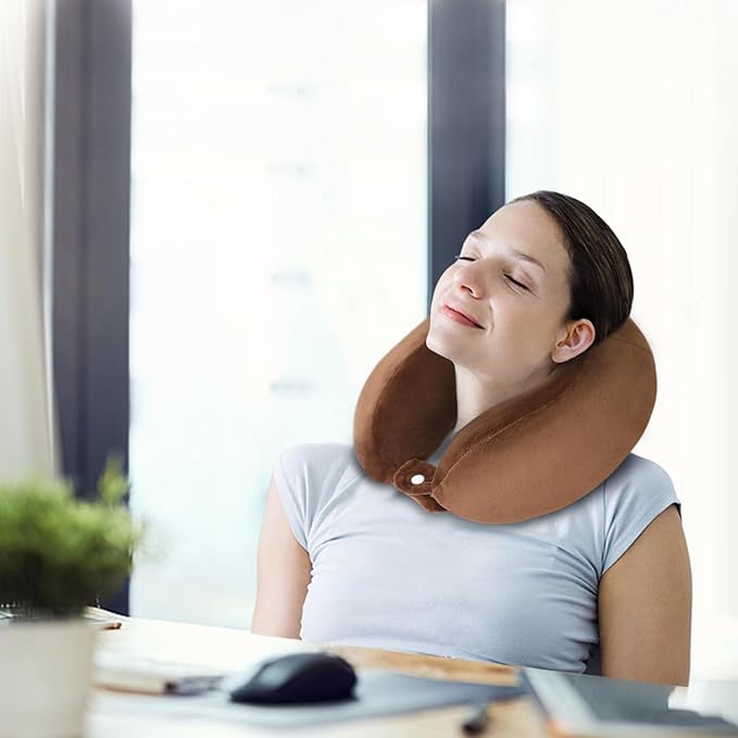 Neck Pillow Airplane Soft Travel Pillow for Traveling Sleeping Adjustable Memory Foam Neck Support Pillows for Cars Trains Offices Home Use Brown