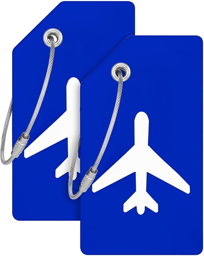 Mifflin-USA Silicone Luggage Tags (Blue, 2 Pack) with Plane Embedded Design & Name ID Card; Bright Colors to Quickly Find Your Bag