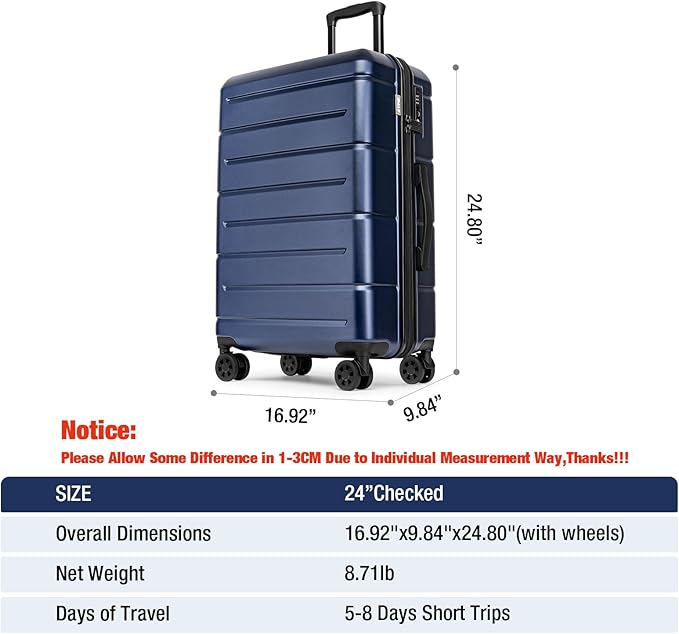 KYME 24 Inch Luggage TSA Approved Hardshell Suitcases with Spinner Wheels Durable PC+ABS Medium Checked Travel Luggage for Women Men Navy