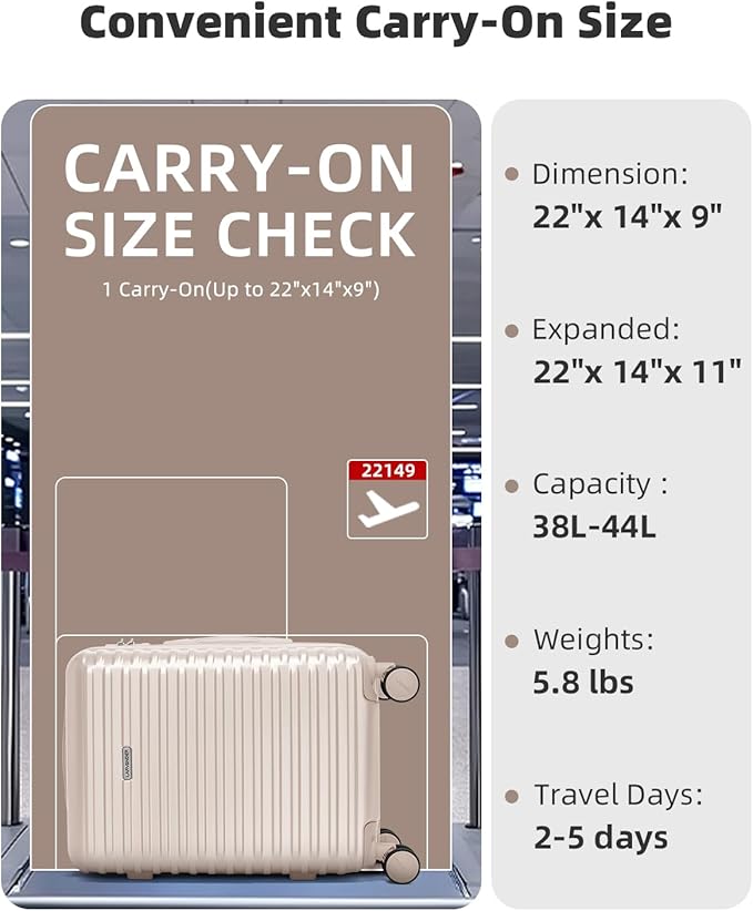 LARVENDER Carry on Luggage 22x14x9 Airline Approved, Expandable 20 Inch Hardside Suitcase with Wheels TSA Lock, PC+ABS Lightweight Carry on Suitcases for Women and Men, Champagne (20/DB/TB)
