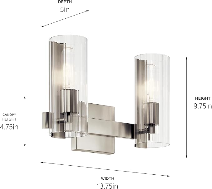 Kichler Jemsa 2-Light Bathroom Vanity Light, Brushed Nickel | Modern vanity light with clear fluted glass for bathrooms and powder rooms (13.75" x 9.75"), 55167NI
