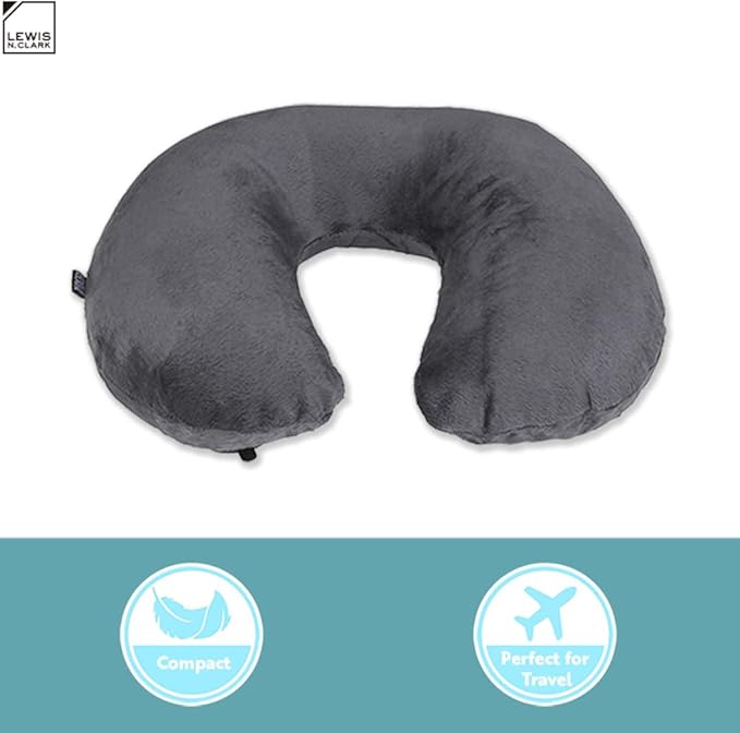 Lewis N Clark Compact Portable Adjustable and Inflatable Cervical Neck Pillow for Travel, Gray