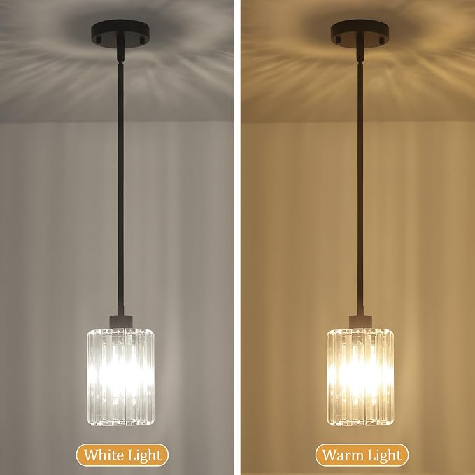 2 Pack Black Pendant Lights Kitchen Island Crystal Hanging Lighting Fixture | Adjustable Height Modern Pendant Light for Bathroom Dining Room Over Island Sink Entryway Hallway Ceiling Light