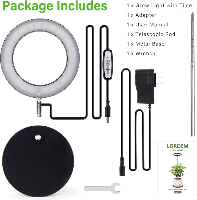 LORDEM Grow Light, Full Spectrum LED Desk Lamp for Plants | Dimmable Brightness, Auto Timer 4/8/12H, Height Adjustable 9.8"-30.6", Full Spectrum 380nm-780nm, Ideal for Desk