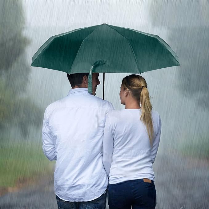 TradMall Travel Umbrella Windproof with 46 Inches Large Canopy 10 Reinforced Fiberglass Ribs Ergonomic Handle Auto Open & Close, Dark Green