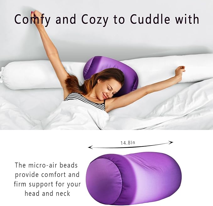 Squishy Microbead Neck Pillow, 7Inch x 12Inch Soft Travel Body Bed Pillow Bean Pillow for Kids Adult Chair Sleeping Car Seat, Fun Dormroom (Purple Colorful)