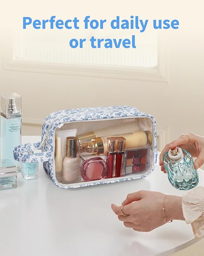 Narwey Clear Toiletry Bags for Traveling Women Men, Clear Travel Bags for Toiletries Makeup Bag Cosmetic Bag with Zipper, Make Up Organizer, Skincare Bag (Blue Flower)