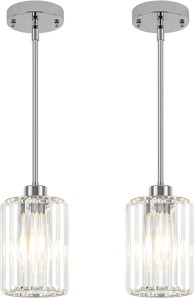 2 Pack Chrome Pendant Lights Over Island Modern Crystal Kitchen Lighting | Hanging Hallway Ceiling Lights, Adjustable Height Pendant Lighting for Dining Room Bathroom Bedroom Above Sink