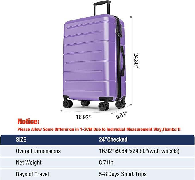 KYME 24 Inch Luggage TSA Approved Hardshell Suitcases with Spinner Wheels Durable PC+ABS Medium Checked Travel Luggage for Women Men Lt Purple