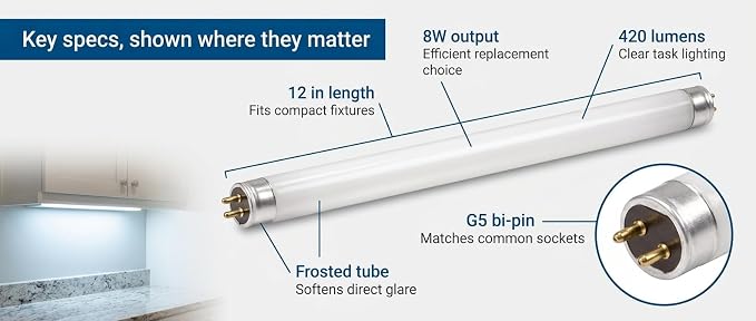 Circle F8T5 Fluorescent Light Bulbs - 12 inches Under Cabinet Bulb - Cool White 4100k 8 Watt Tube Bulb - Pack of 6