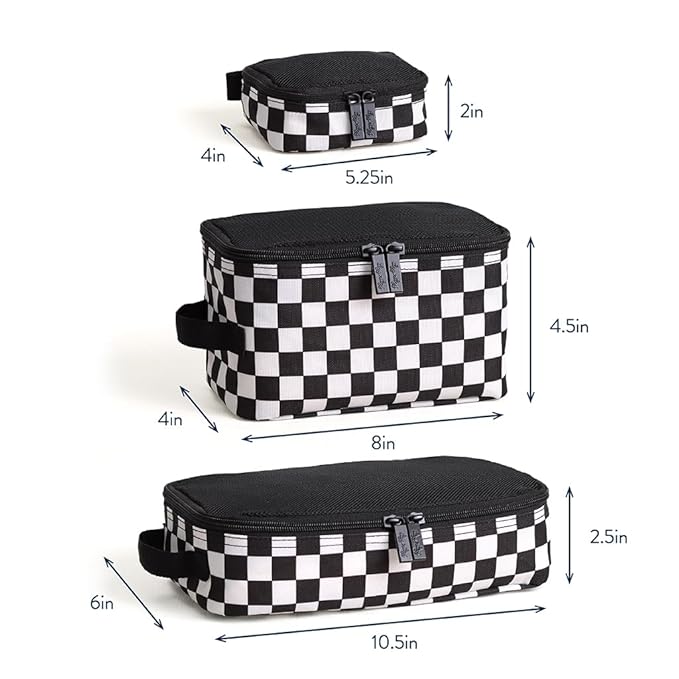 Itzy Ritzy Packing Cubes for Travel – Set of 3 Packing Cubes or Travel Organizers - Each Cube Features a Mesh Top, Double Zippers and a Fabric Handle (Black & White Checkerboard)
