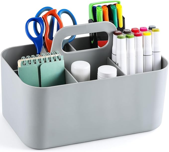 Multiuse Caddy Organizer with Handle, Portable Divided Plastic Tote Bin - Art Craft, Stationary Pen Marker Crayons, Makeup Hair Supplies Storage - Bathroom, Classroom, Dorm, Office, Desk Holder - Grey