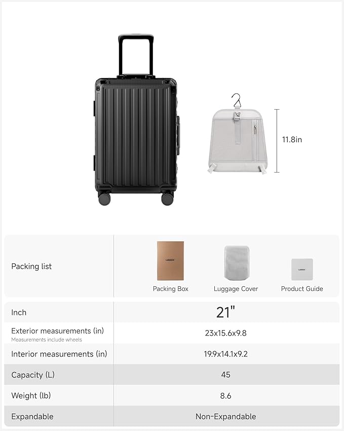 LUGGEX Carry On Luggage with Spinner Wheels, 8010S Aluminum Frame Zipperless Polycarbonate Hard Shell Suitcase with Packing Cubes and Shoe Bag (ZX-Core, Black, 21 Inch)
