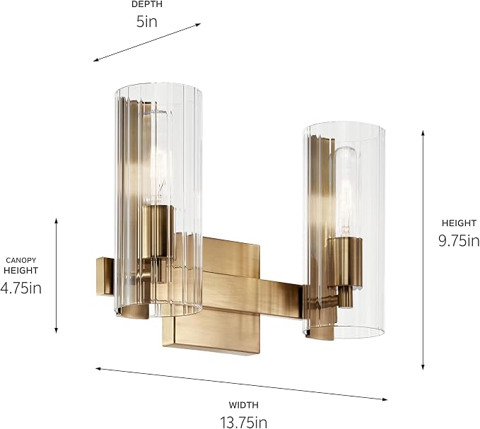 Kichler Jemsa 2-Light Bathroom Vanity Light, Champagne Bronze | Modern vanity light with clear fluted glass for bathrooms and powder rooms (13.75" x 9.75"), 55167CPZ