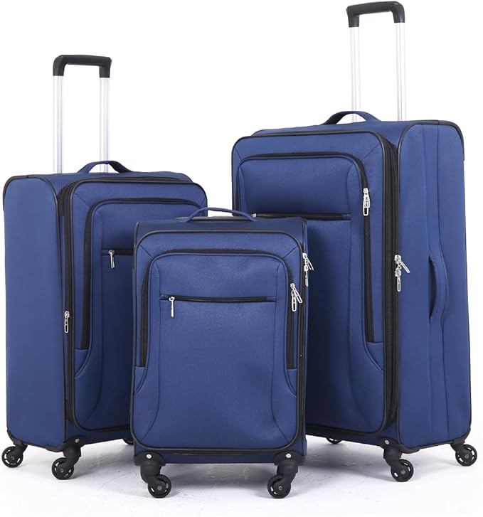3pcs Set Softside Luggage Sets With Spinner Wheels, Expandable Softshell Suitcase Set with front pocket, 28inch, 24inch, 20inch Lightweight fabric luggage(BLUE)