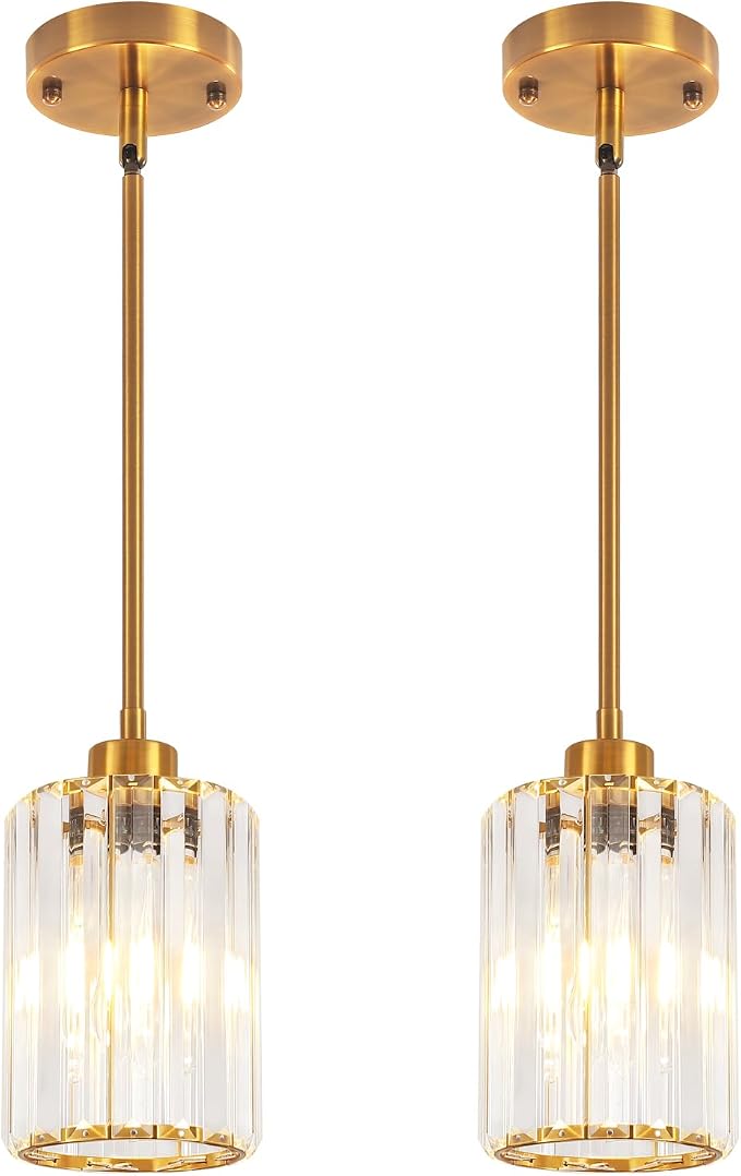 2 Pack Brushed Gold Pendant Light Fixtures Modern Crystal Kitchen Lighting | Hanging Hallway Entryway Ceiling Lights, Adjustable Height Mini Pendant Lights for Dining Room Bathroom Bedroom Above Sink