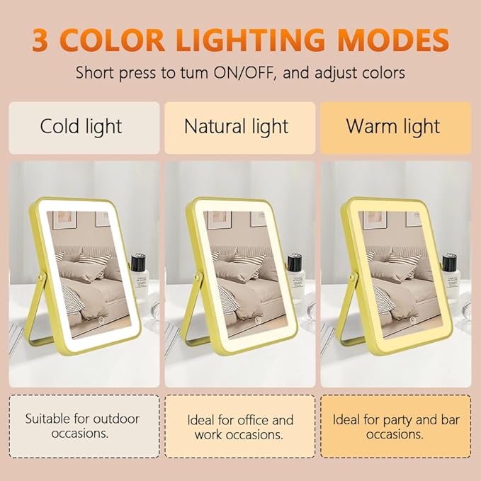 YEKKOPT Gold Rechargeable Makeup Mirror with Lights, LED Vanity Mirror, 3 Color Modes, Portable Desktop Mirror, Adjustable Brightness, Ideal for Dorm and Home Use
