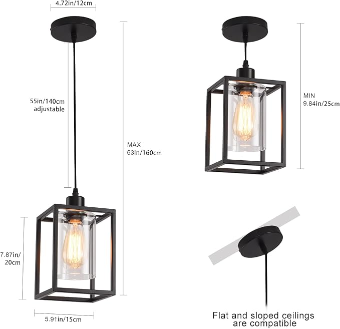 Black Pendant Lights for Kitchen Island Industrial Lantern Pendant Light Fixtures with Clear Glass Shade, Farmhouse Adjustable Height Hanging Pendant Lighting