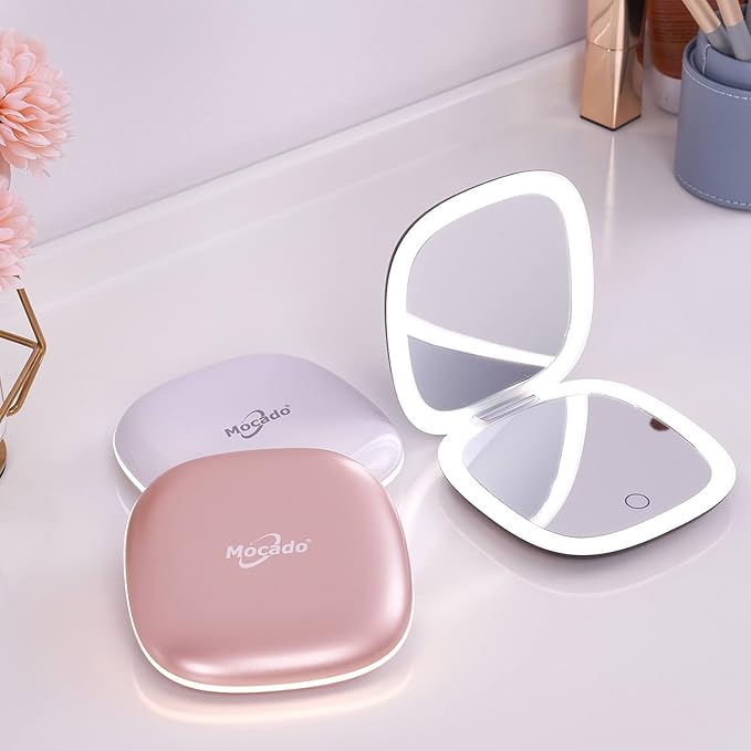 Mocado Compact LED Magnifying Travel Makeup-Mirror - 4 inches 1X/10X Magnification Small Hand Pocket Dimmable Double Sided USB Rechargeable Touch Screen, Portable Tabletop Cosmetic (Black)