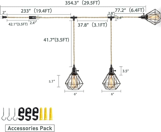 3-Light Hanging Light with Plug in Cord,Plug in Pendant Light 22ft Hemp Rope Pendant Lighting Vintage 3-Light Hanging Lamp Fixtures for Kitchen Island Living Room Bedroom
